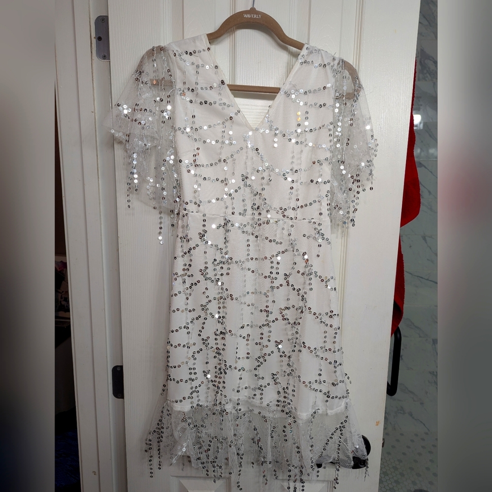 Sequin-Embellished White Mini Dress